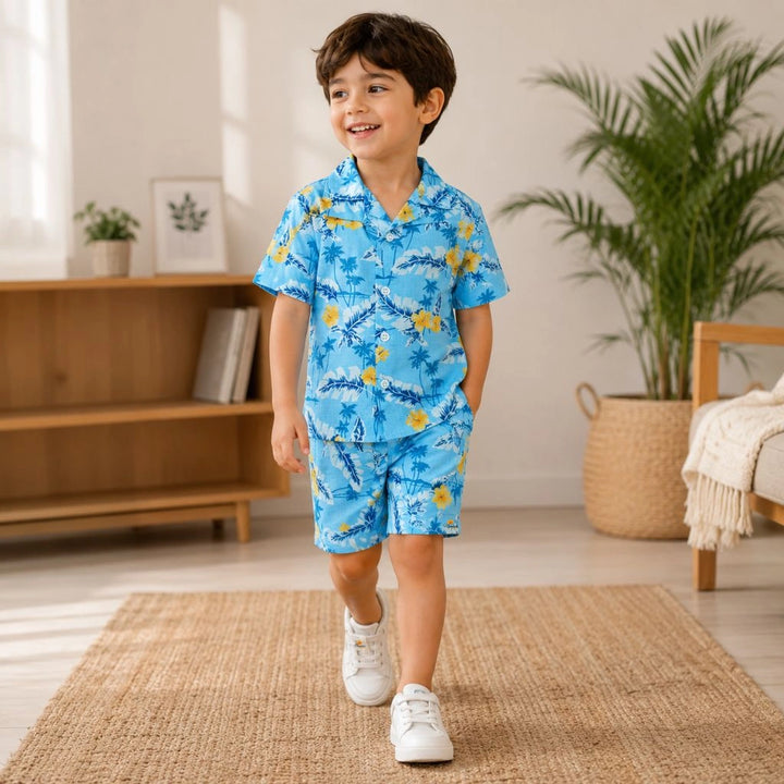 Sky Blue Tropical Print Shirt & Shorts Co-ord Set for Boys