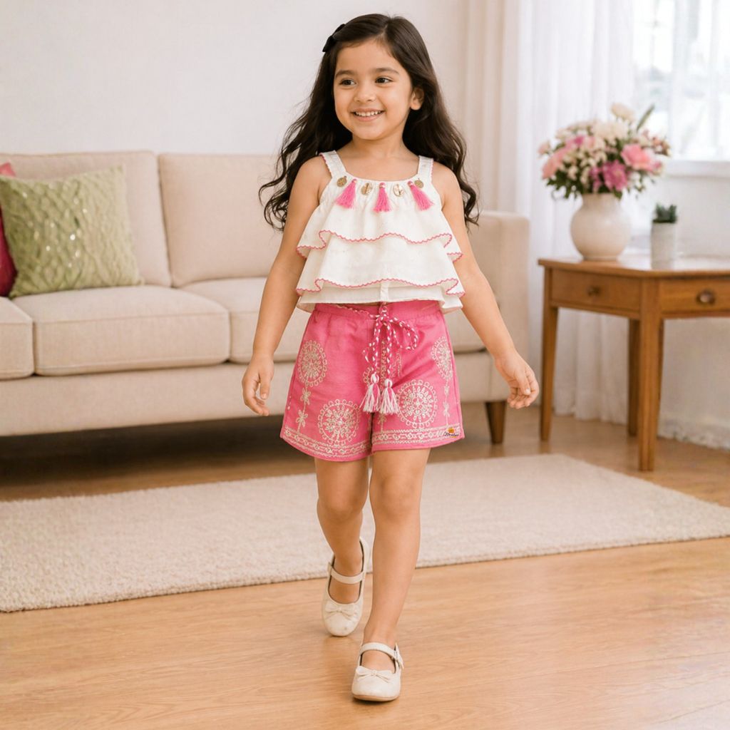 Layered Top with Embroidered Shorts Western Set for Girls