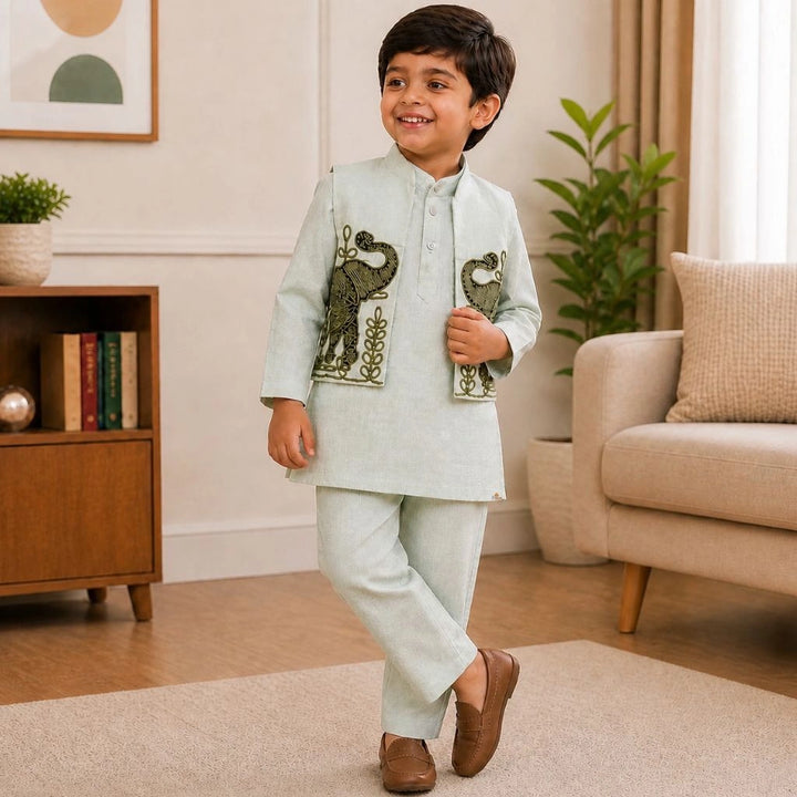 Boys Beige Kurta Pajama with Elephant Embroidered Nehru Jacket