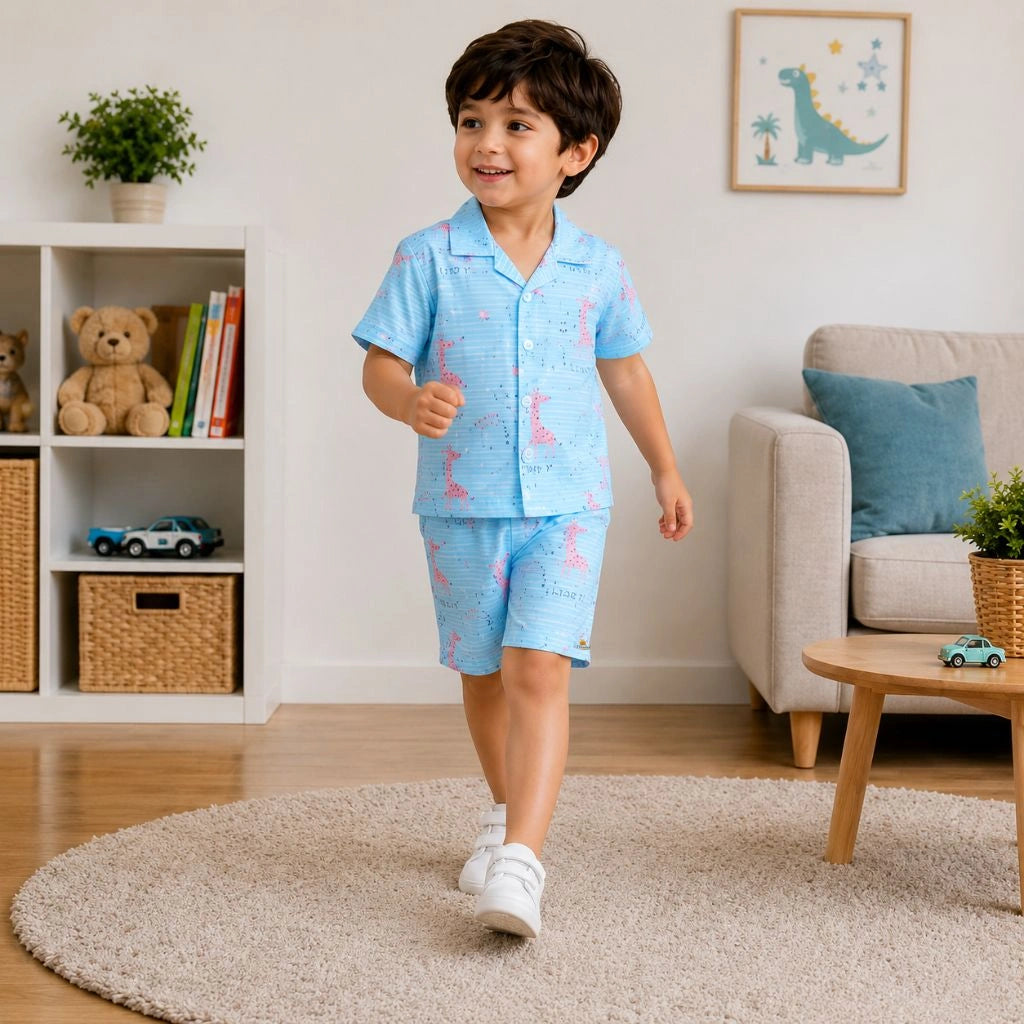 Boys Giraffe Printed Shirt and Shorts Co-ord Set
