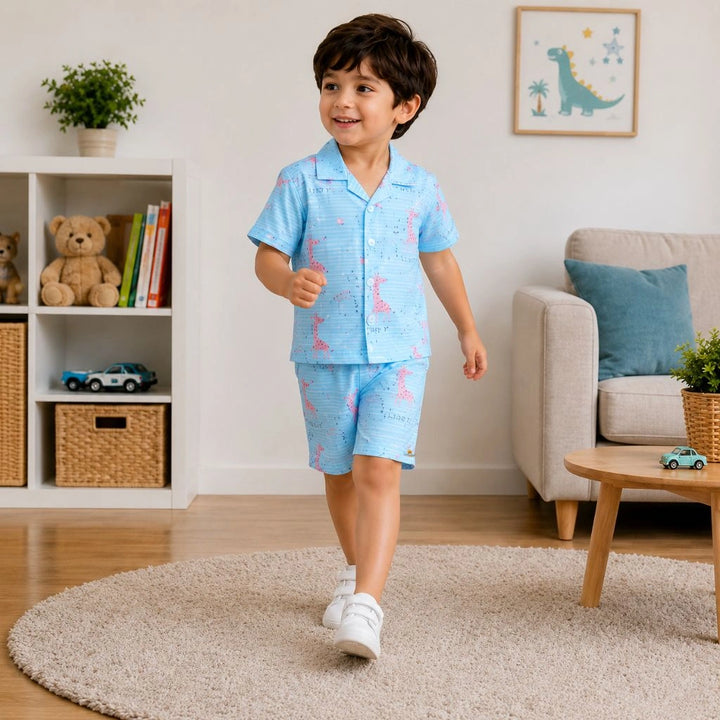 Boys Giraffe Printed Shirt and Shorts Co-ord Set