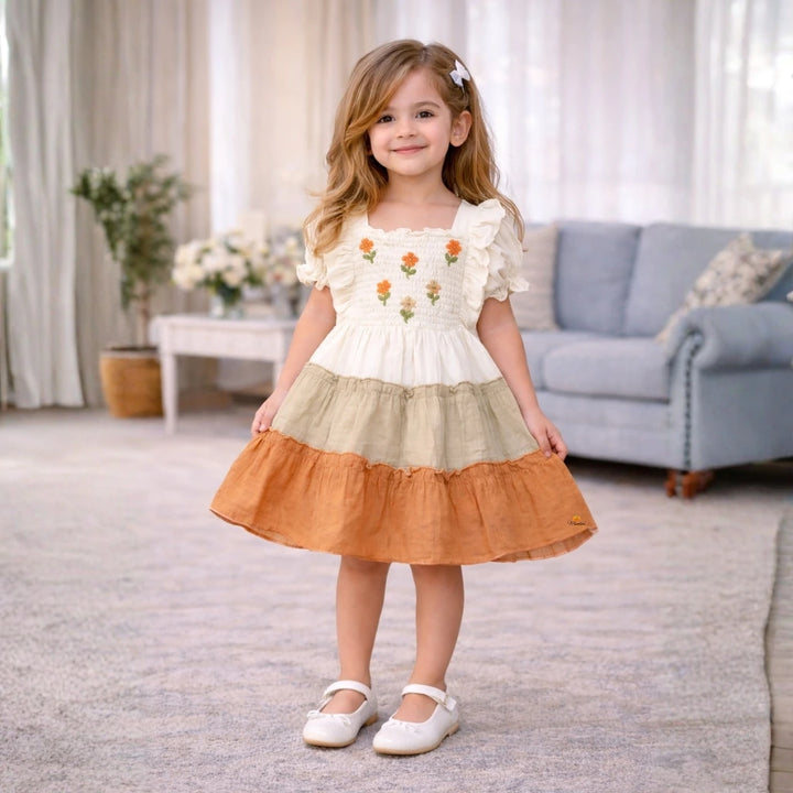 Cream Floral Embroidered Frock with Layered Ruffle Skirt