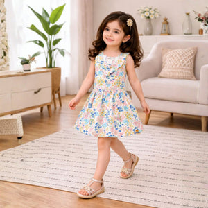 Multicolor Floral Printed Sleeveless Fit & Flare Dress for Girls