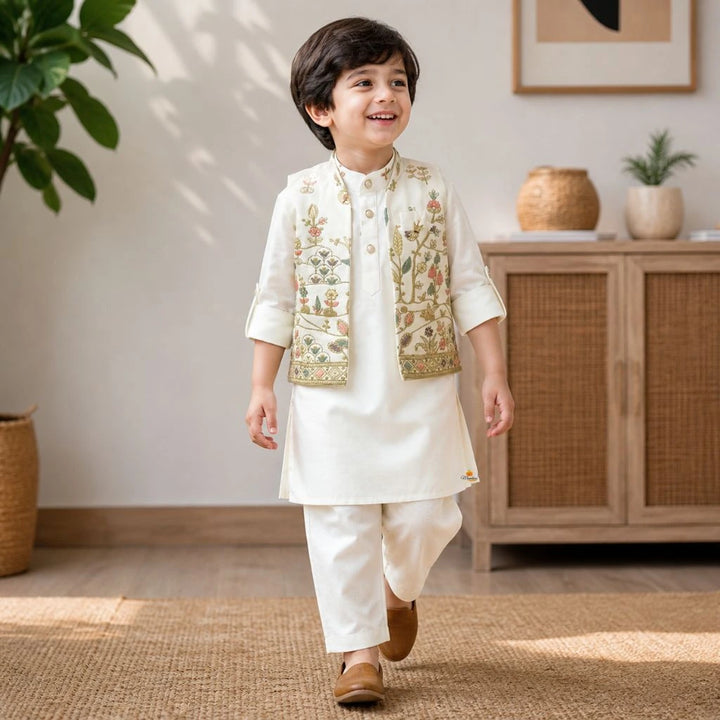 Stylish Cream Kurta Pajama Set with Embroidered Jacket for Boys