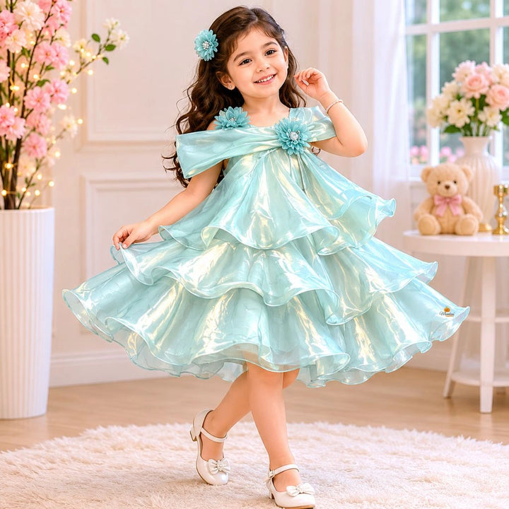 Green Off Shoulder Layered Frock for Girls