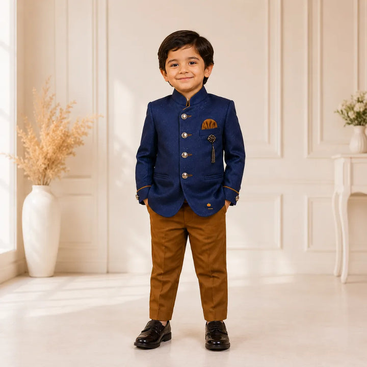 Blue Jodhpuri Suit for Boys with Contrast Pant