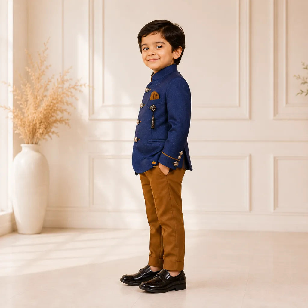 Blue Jodhpuri Suit for Boys with Contrast Pant