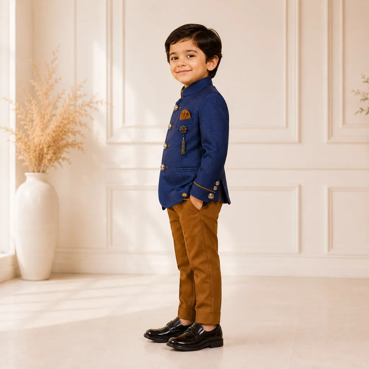 Blue Jodhpuri Suit for Boys with Contrast Pant