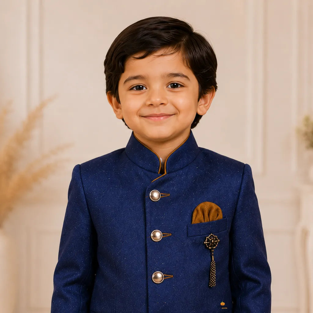 Blue Jodhpuri Suit for Boys with Contrast Pant