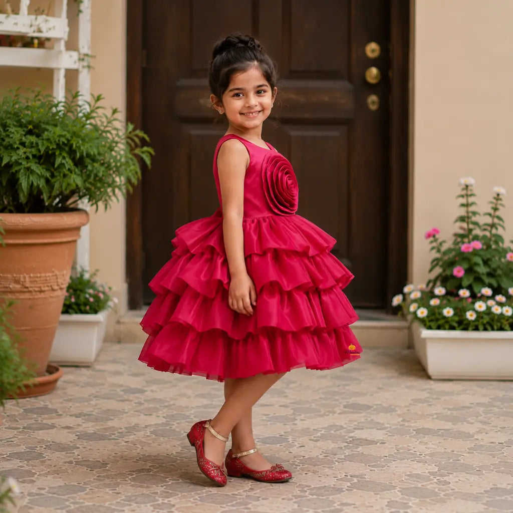 Red Layered Ruffle Partywear Frock for Girls