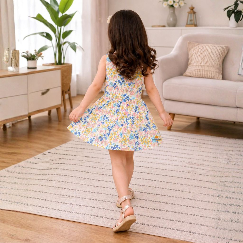 Multicolor Floral Printed Sleeveless Fit & Flare Dress for Girls