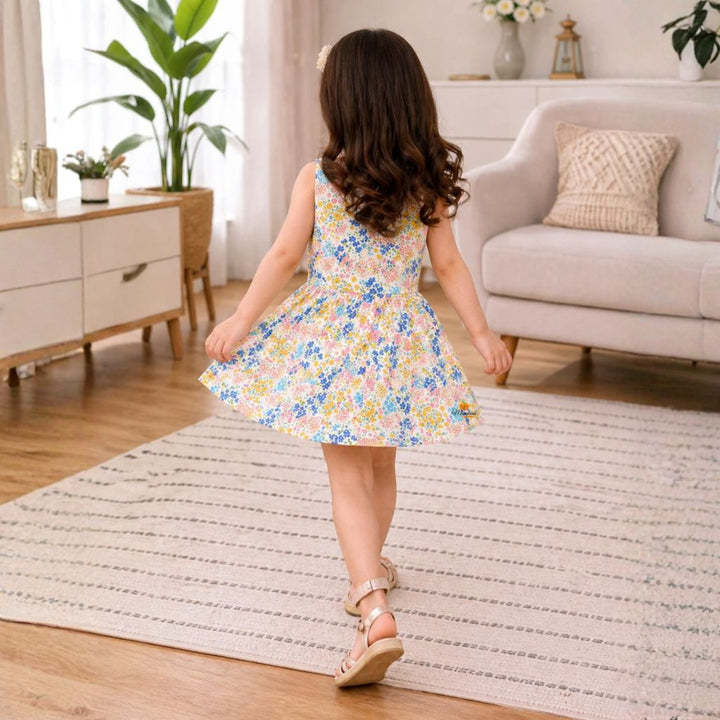 Multicolor Floral Printed Sleeveless Fit & Flare Dress for Girls