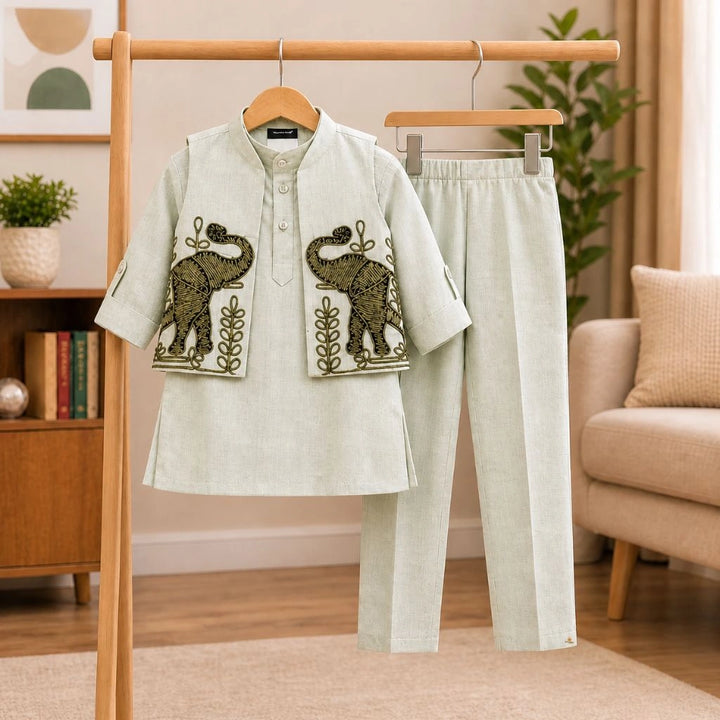 Boys Beige Kurta Pajama with Elephant Embroidered Nehru Jacket