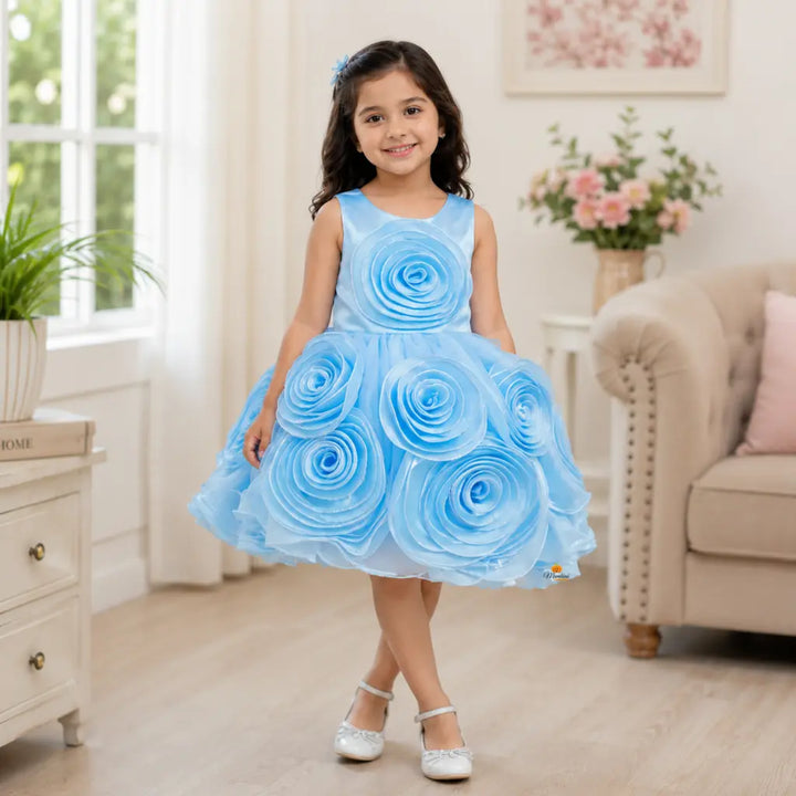 Sky Blue Partywear Frock for Girls with Rose Appliqué Detailing