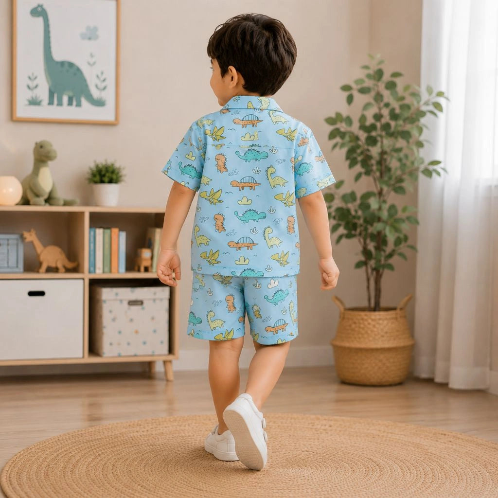 Boys Blue Dinosaur Print Shirt And Shorts Co-Ord Set