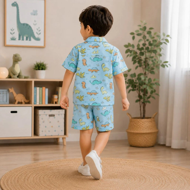 Boys Blue Dinosaur Print Shirt And Shorts Co-Ord Set