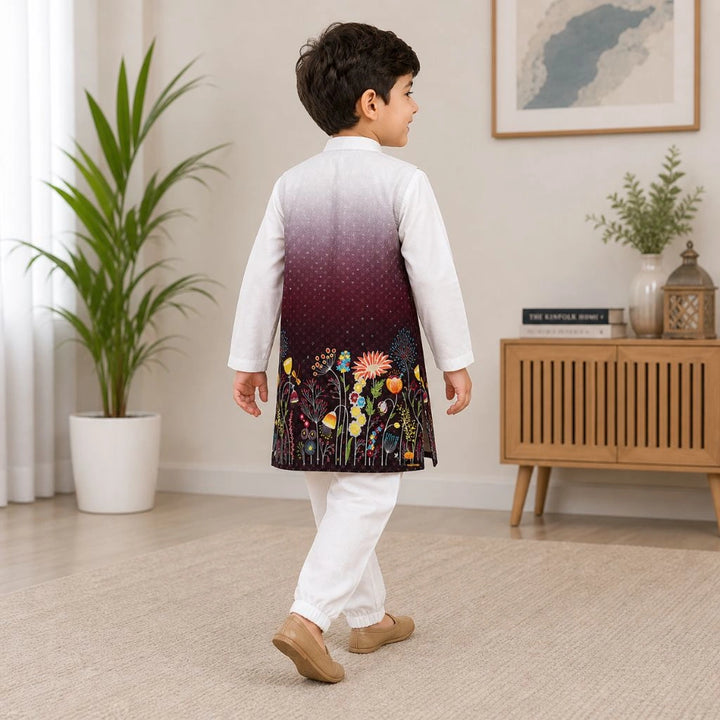 White Ombre Floral Kurta Pajama Set for Boys