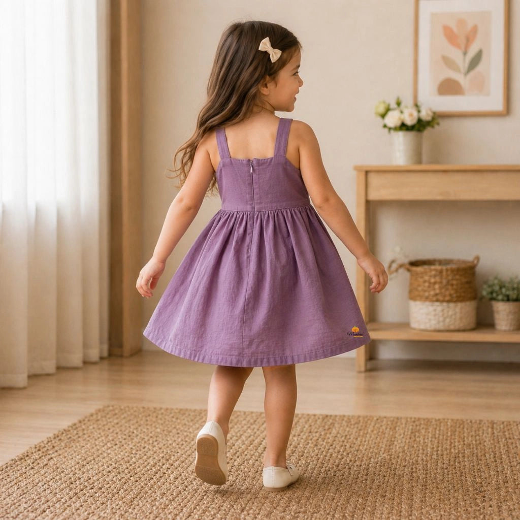 Girls Purple Striped Frock with Floral Detail