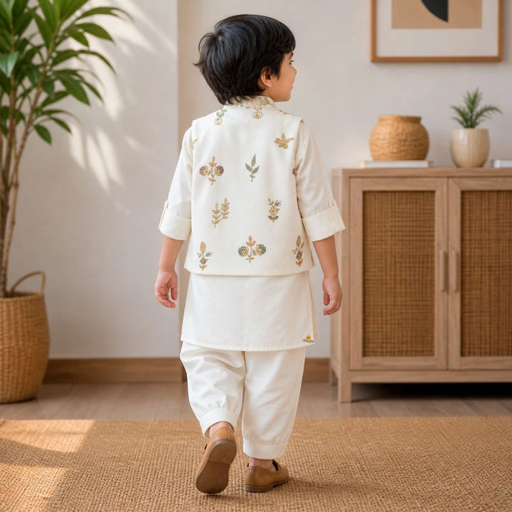 Stylish Cream Kurta Pajama Set with Embroidered Jacket for Boys
