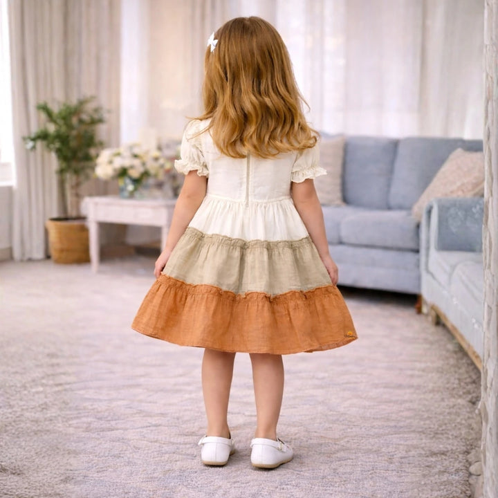 Cream Floral Embroidered Frock with Layered Ruffle Skirt