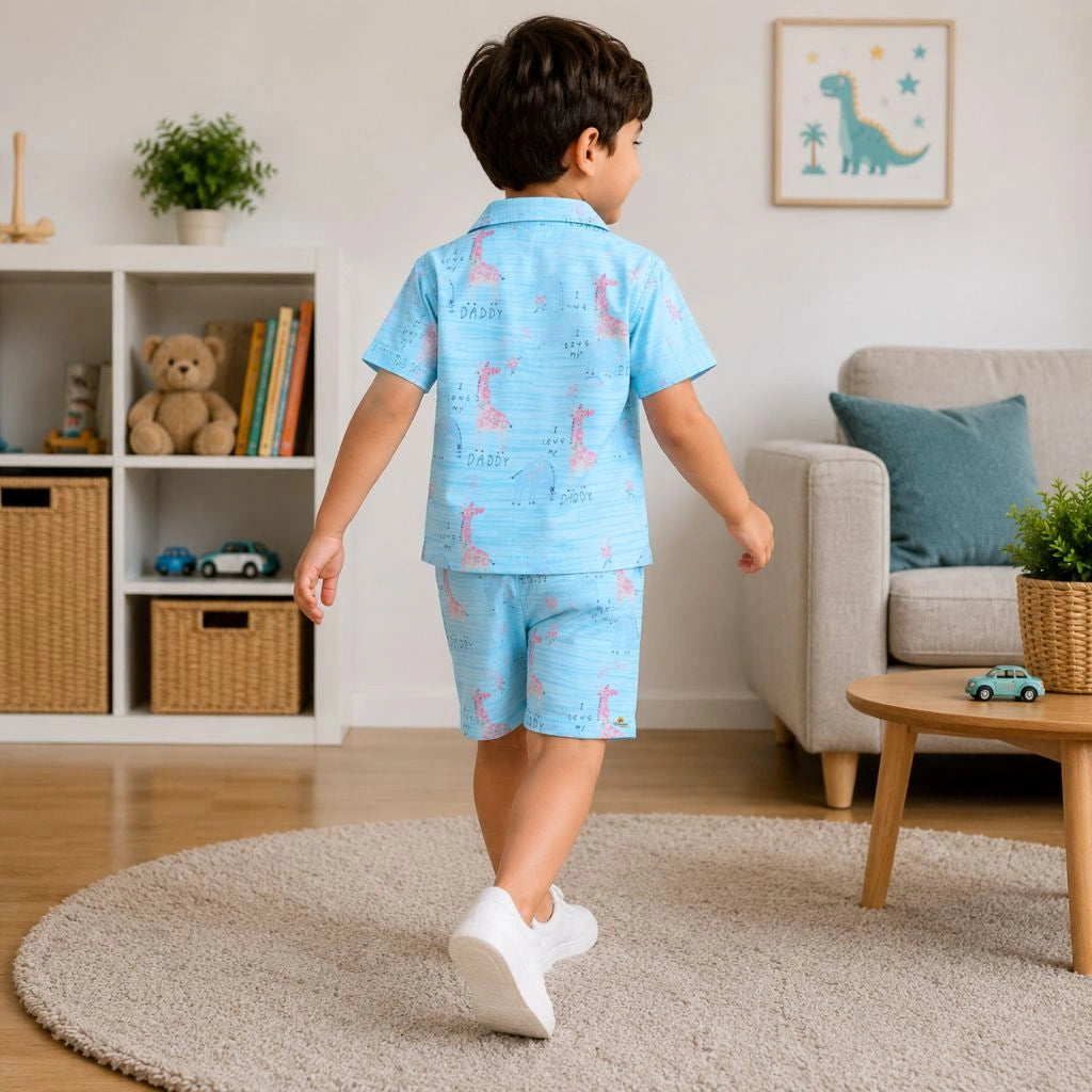 Boys Giraffe Printed Shirt and Shorts Co-ord Set