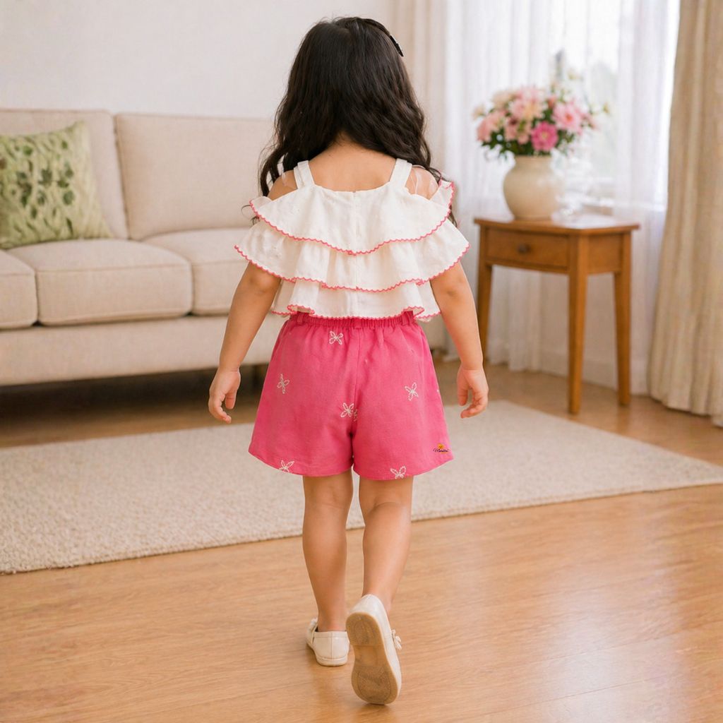 Layered Top with Embroidered Shorts Western Set for Girls