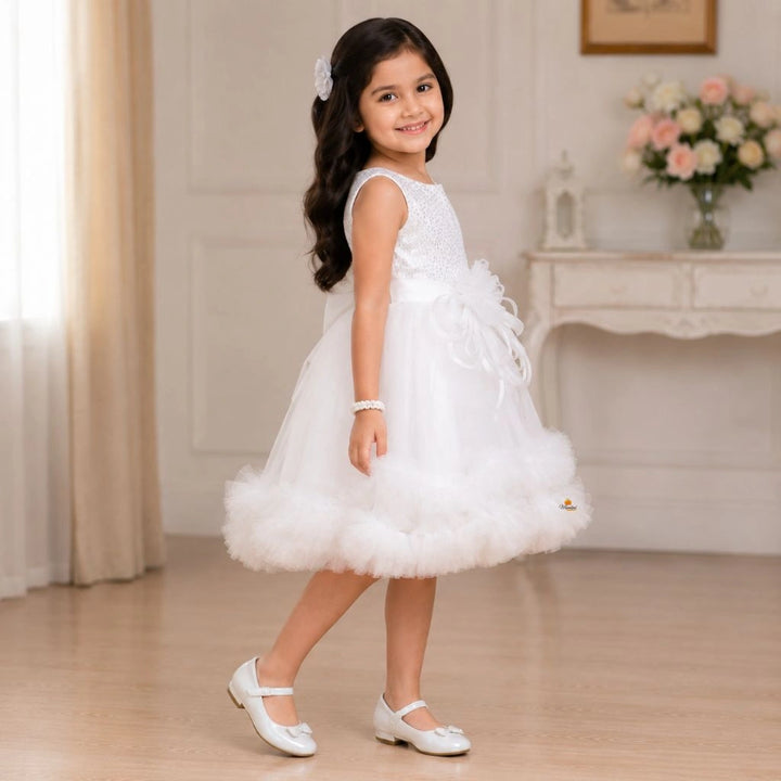 White Tail Pattern Partywear Frock for Girls