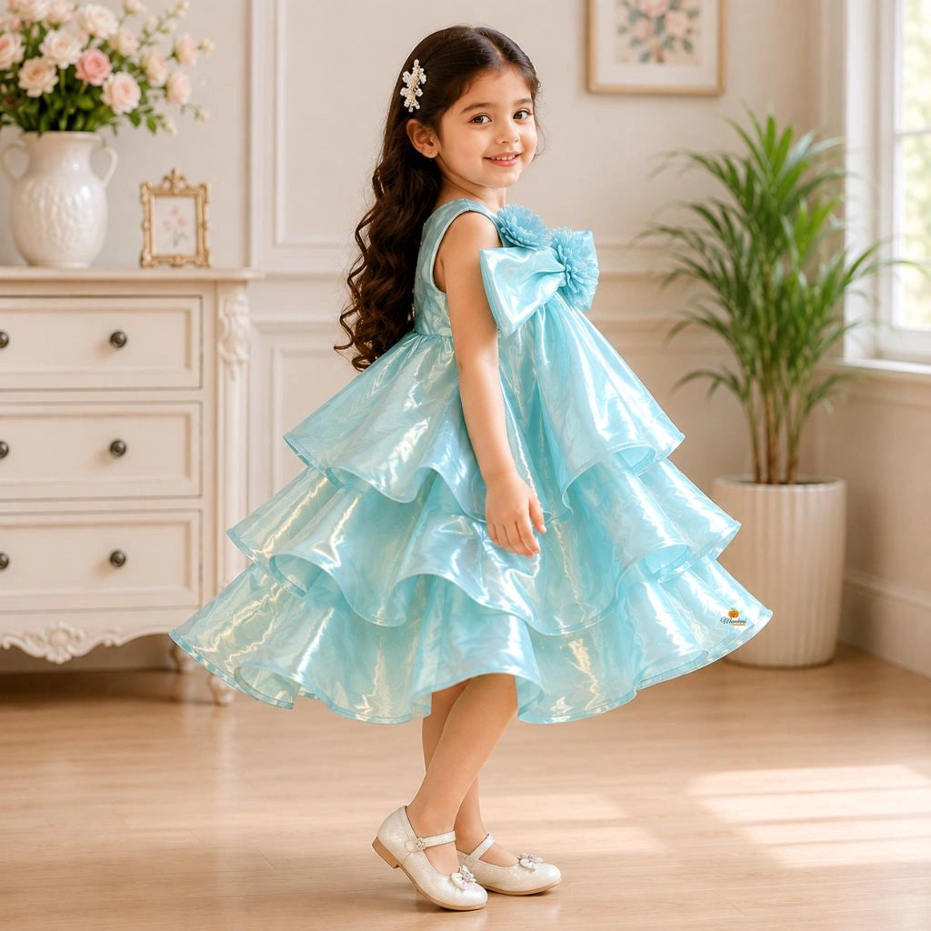 Green Off Shoulder Layered Frock for Girls