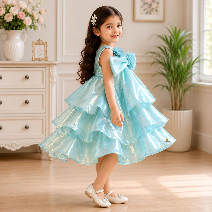 Green Off Shoulder Layered Frock for Girls