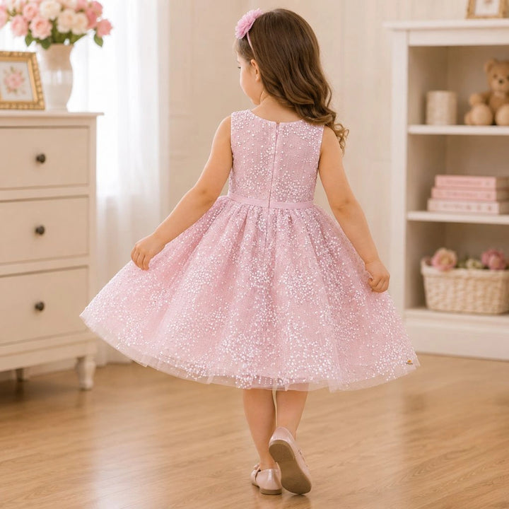 Stylish Pink Sequin Party Frock with Bow for Girls