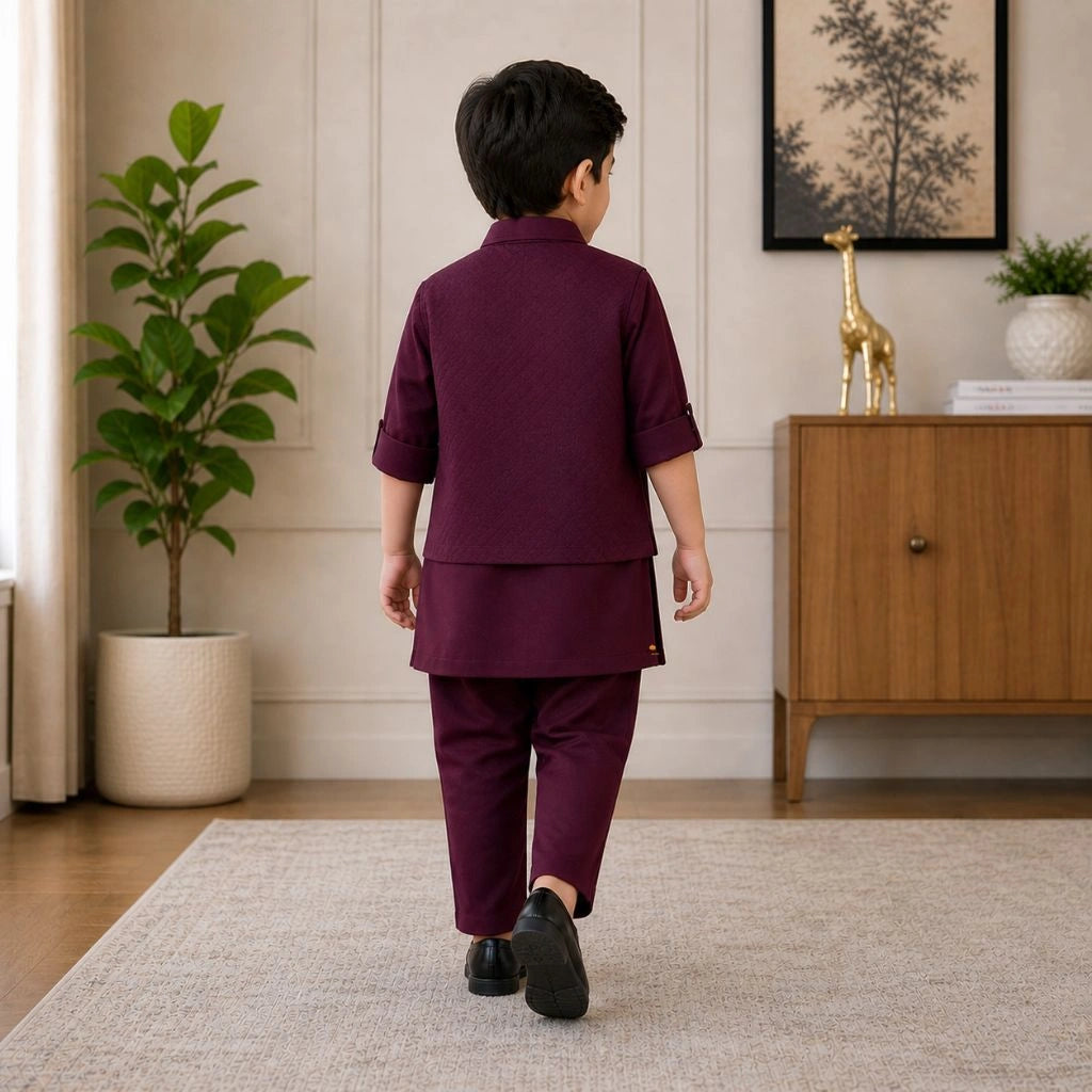 Premium Boys Wine Kurta Pajama Set with Designer Jacket for Weddings & Parties