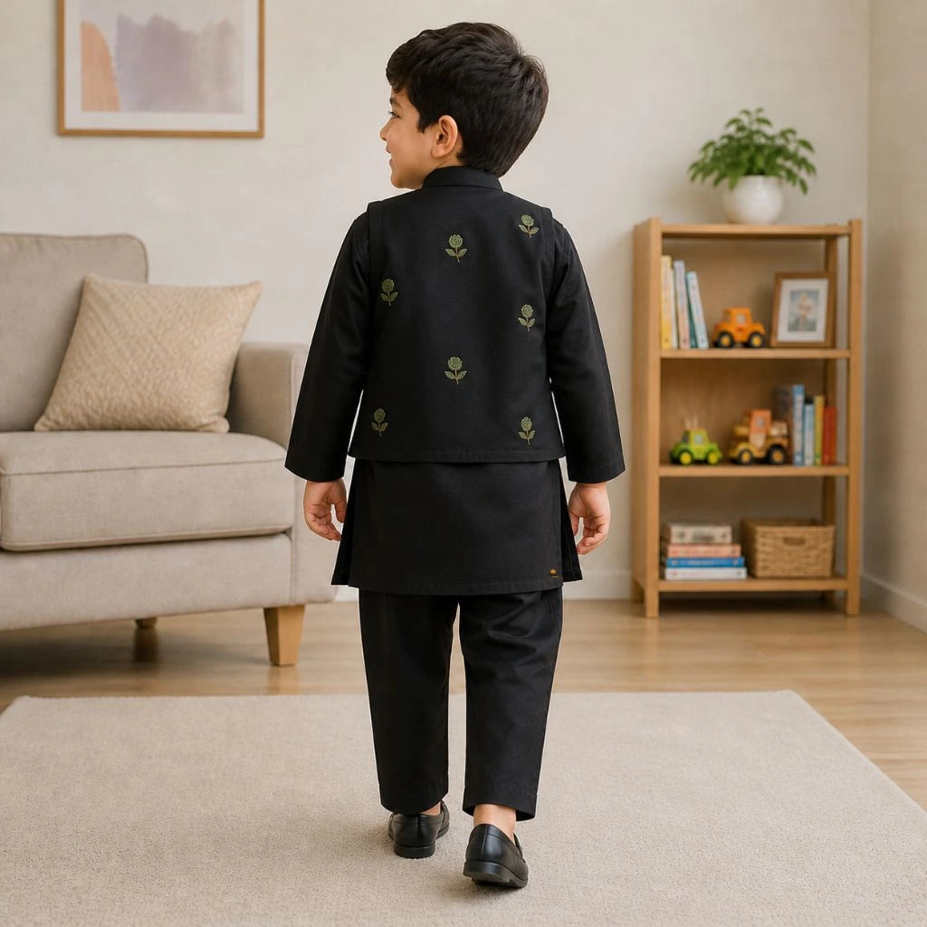 Premium Boys Black Kurta Pajama Nehru Jacket Set for Weddings & Parties