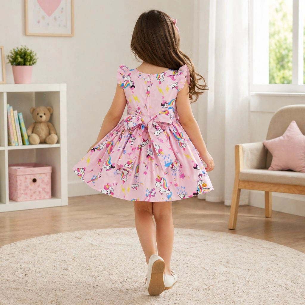 Pink Unicorn Print Fit & Flare Dress for Girls