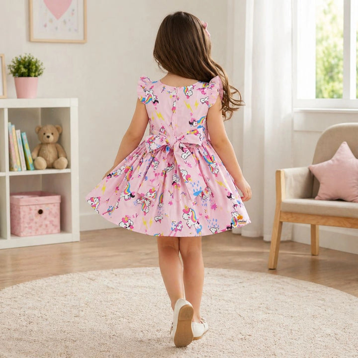 Pink Unicorn Print Fit & Flare Dress for Girls