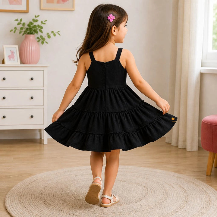 Black Party Wear Frock for Girls with Multicolor Embroidery and Tassels