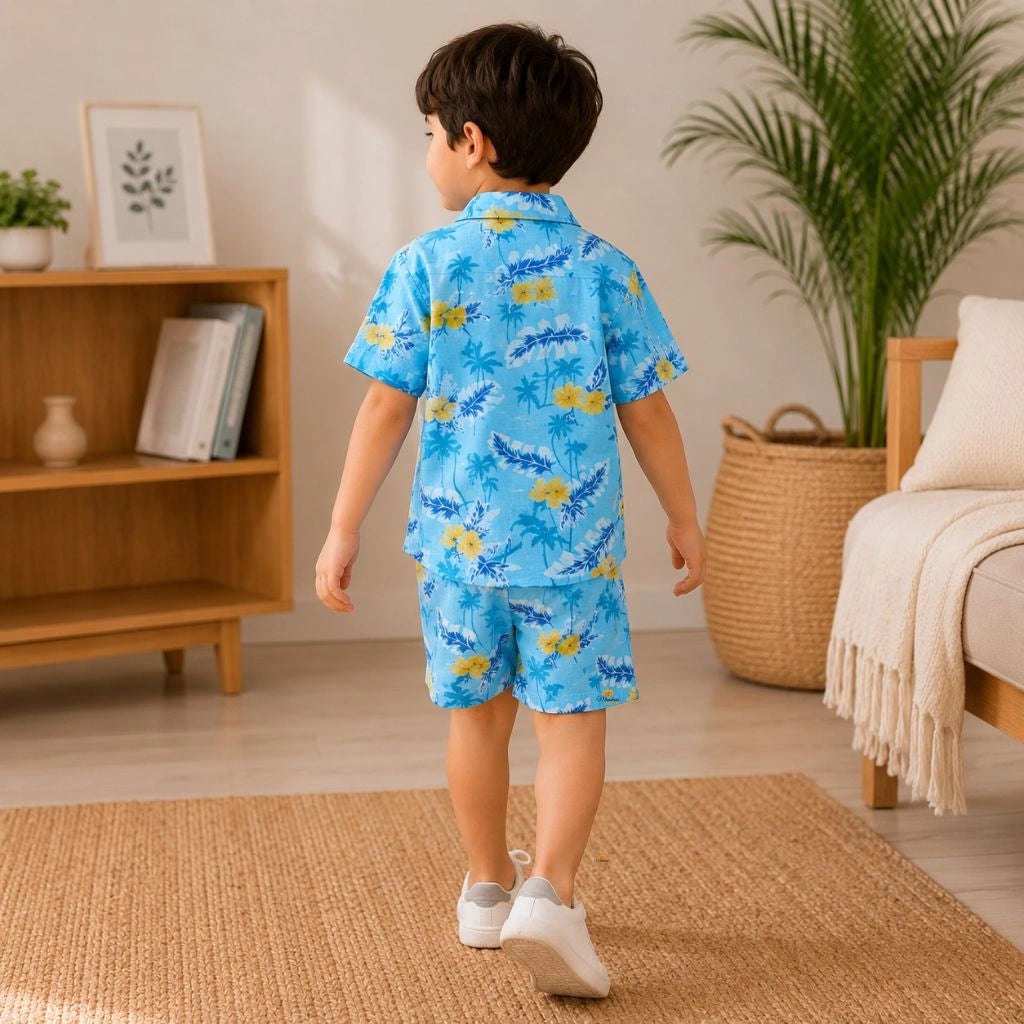 Sky Blue Tropical Print Shirt & Shorts Co-ord Set for Boys