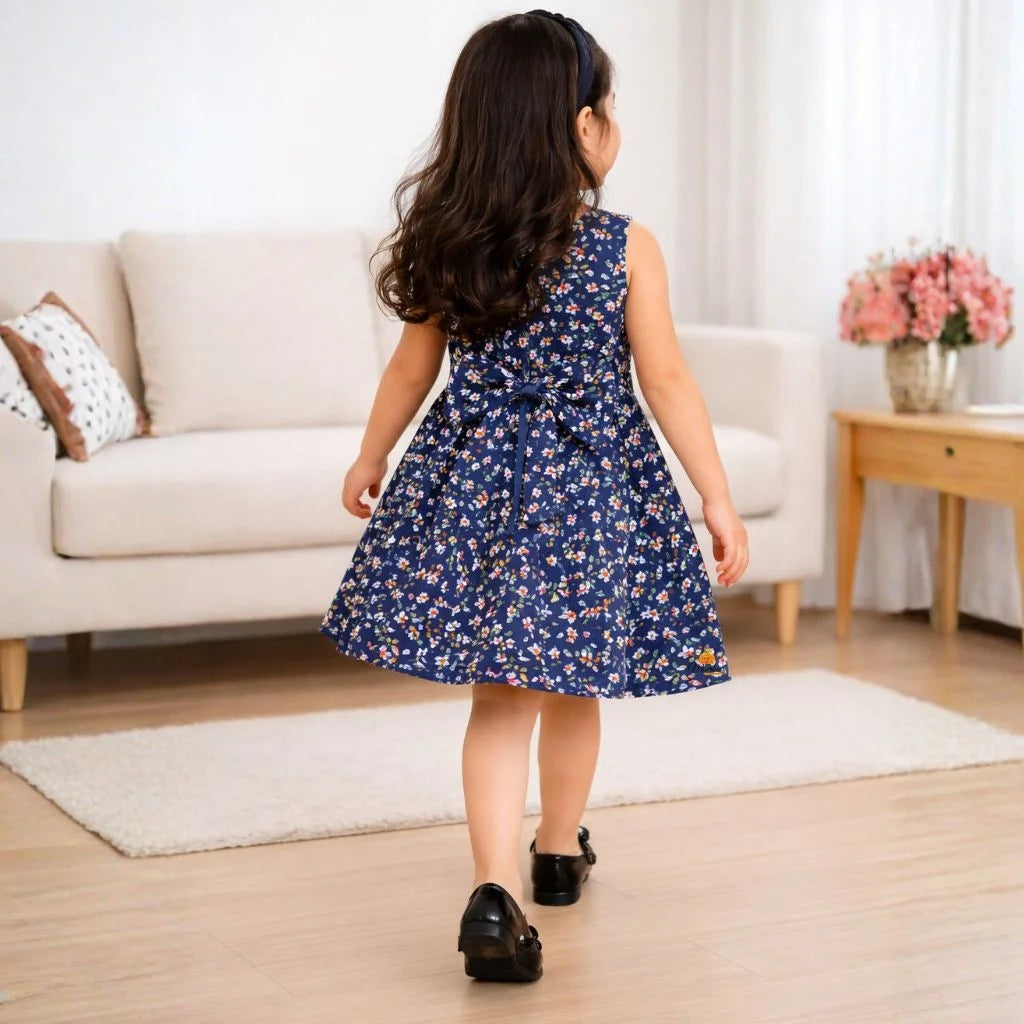 Navy Blue & Red Girls Sleeveless Floral Dress with Bow Belt