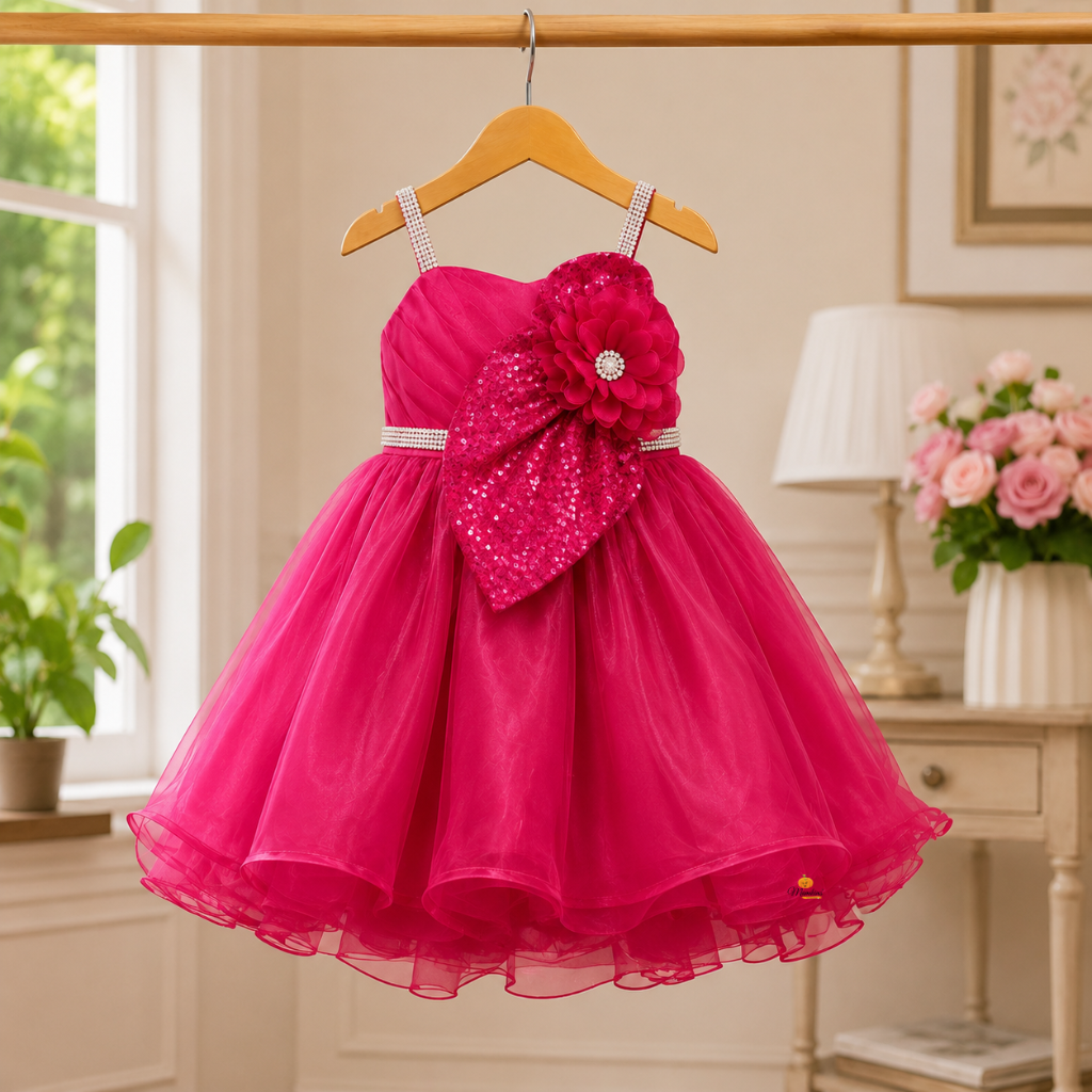 Partywear Frock for Girls with Silver Sequin Bow