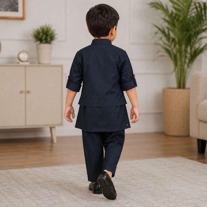 Stylish Black Kurta Pajama with Embroidered Deer Jacket for Boys