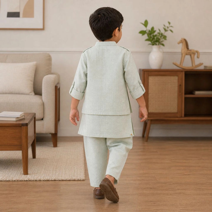 Boys Beige Kurta Pajama with Elephant Embroidered Nehru Jacket