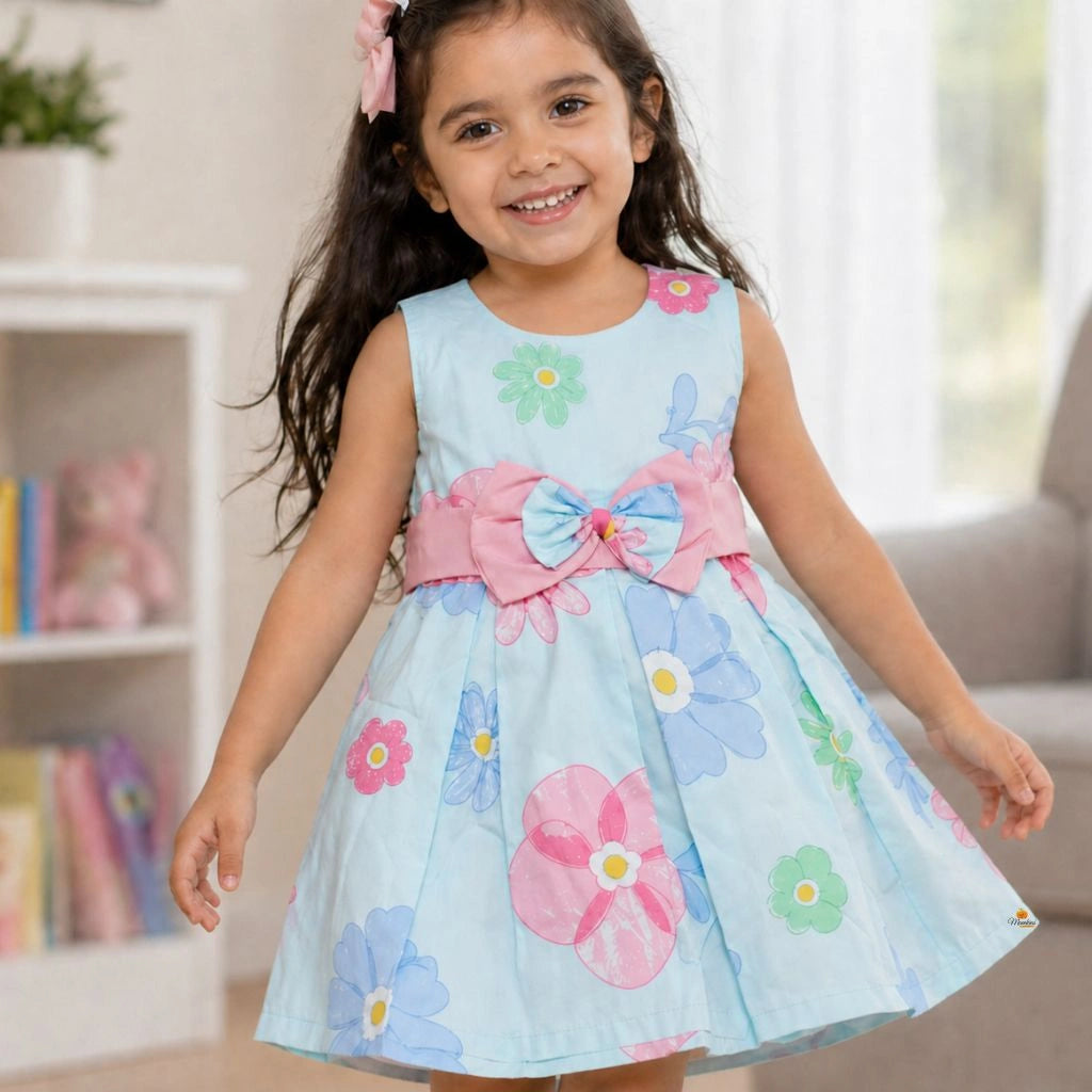 Girls Flower Print Dress with Bow Detail