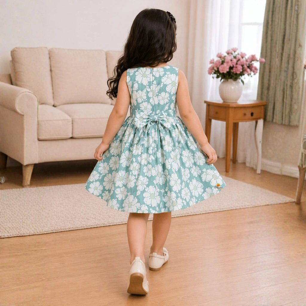 Green Floral Sleeveless Fit and Flare Dress for Girls