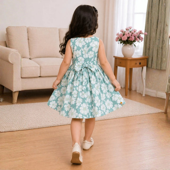Green Floral Sleeveless Fit and Flare Dress for Girls