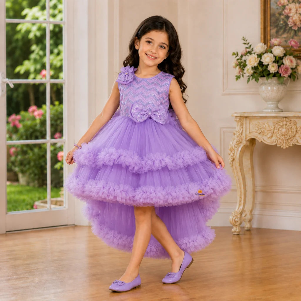 Purple & White Layered High-Low Girls Frock