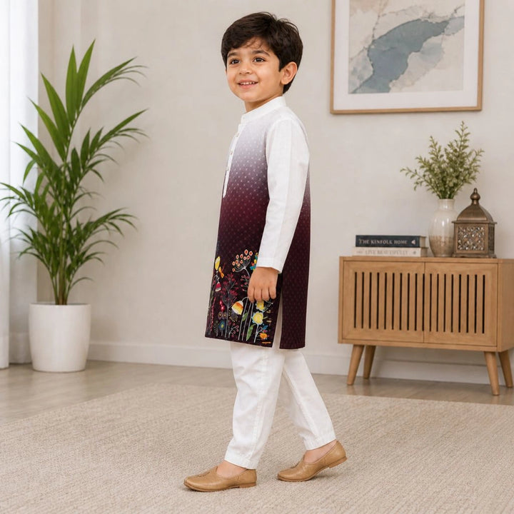 White Ombre Floral Kurta Pajama Set for Boys