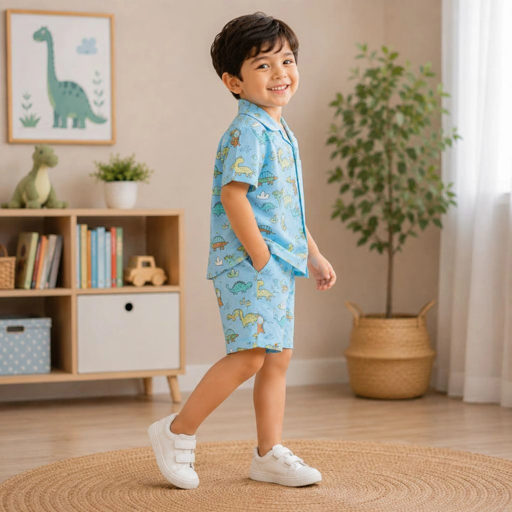 Boys Blue Dinosaur Print Shirt And Shorts Co-Ord Set