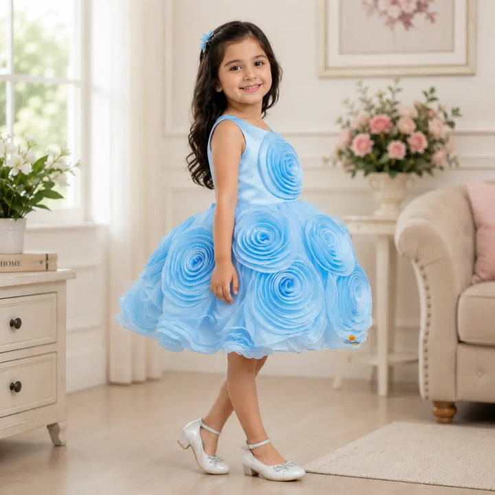 Sky Blue Partywear Frock for Girls with Rose Appliqué Detailing