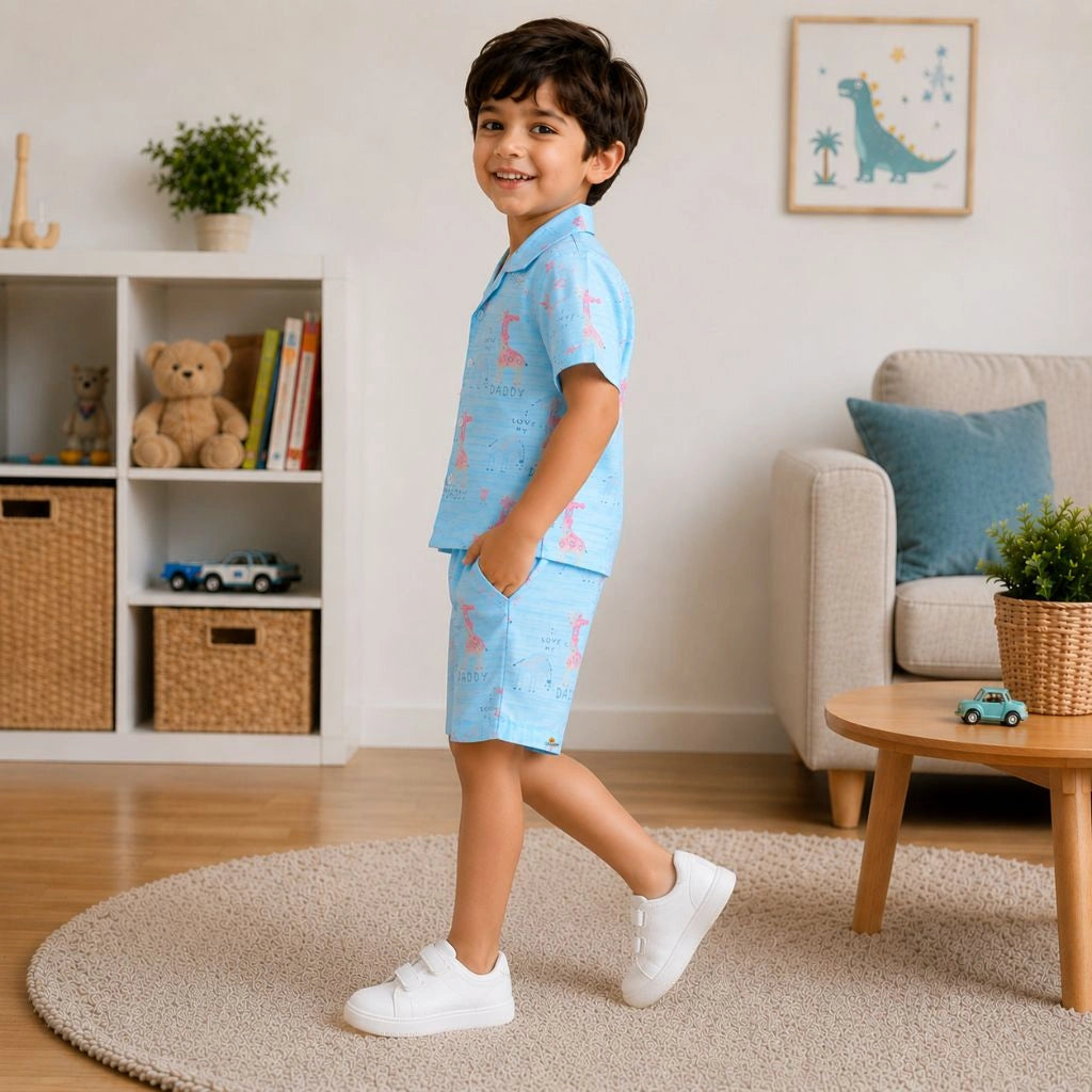 Boys Giraffe Printed Shirt and Shorts Co-ord Set