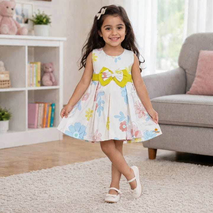 Girls Flower Print Dress with Bow Detail