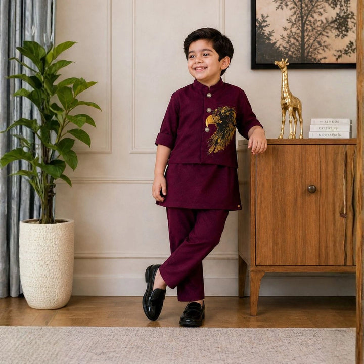 Premium Boys Wine Kurta Pajama Set with Designer Jacket for Weddings & Parties